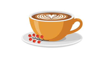 A warm yellow mug filled with latte art and red berries