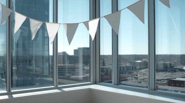 A white bunting banner with triangular white flags hanging from a window sill in a modern office building with a cityscape view.