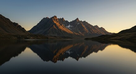 Majestic rugged mountain peaks rise sharply from the tranquil, mirrored surface of a vast freshwater lake during the atmospheric golden hour ,sunset ,high ,sunrise
