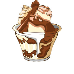 Delicious vanilla and chocolate ice cream sundae with whipped cream and chocolate syrup in a clear cup with a transparent background