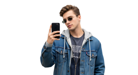 Man in denim jacket taking a selfie with his black smartphone video 4k