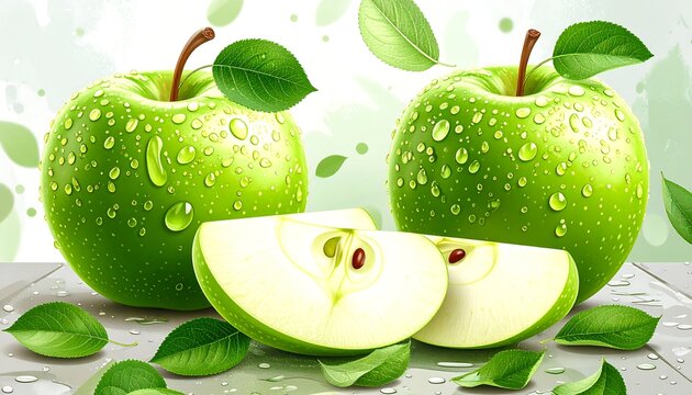 Fresh green apples with water droplets