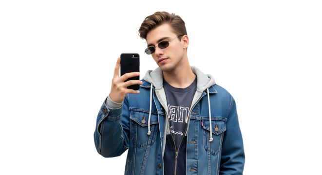 Man in denim jacket taking a selfie with his black smartphone video 4k - Powered by Adobe