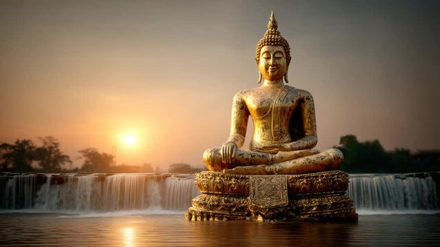A golden Buddha statue sits serene, fronting a waterfall under a warm sunset sky