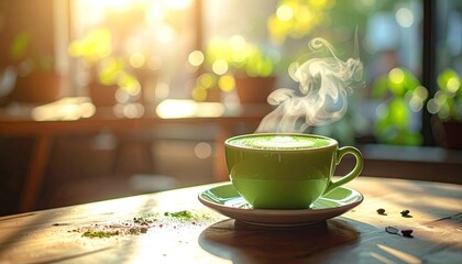 Green ceramic cup of steaming hot beverage sits on a saucer on a wooden table bathed in warm golden hour sunlight with blurred green plants in the background