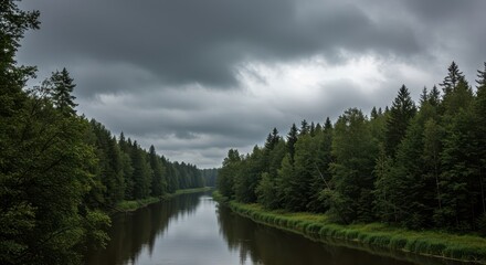 Overcast sky hangs low above a winding river reflecting muted tones, bordered by dense forest trees ,beauty ,environment ,muted