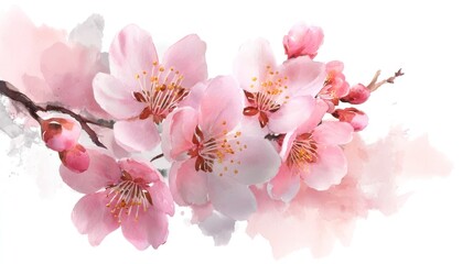 Fototapeta premium A watercolor painting of pink cherry blossoms on a branch with splashes of watercolor in the background.