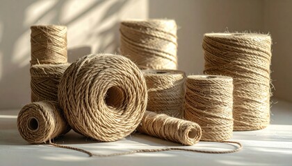 Group Of Twine Rolls In Various Sizes And Textures Displayed In Soft Natural Sunlight Casting Shadows And Highlights Creating A Rustic And Earthy Aesthetic