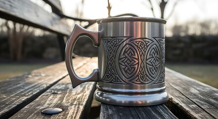 Ornate pewter tankard showcasing celtic designs on weathered bench