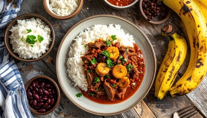 Hearty Stew With Rice And Beans Topped With Sliced Bananas Garnished With Parsley Served On A Wooden Table With A Side Of Red Beans And Cooked Rice