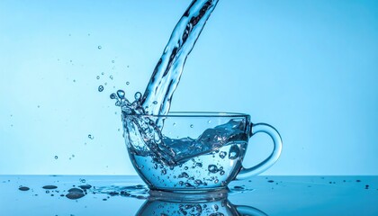 Clear Water Pouring Into A Glass Mug On A Reflective Surface With Blue Background And Droplets Splashing