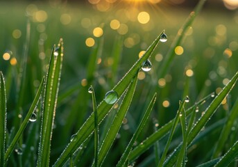 Macro view of crystal dew drops catching the golden morning sunlight on vibrant, lush meadow grass texture ,moisture ,serene ,lush