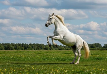 Majestic white stallion rears dramatically against the bright summer sky on a lush green meadow, showing power and freedom in nature ,powerful ,summer ,green
