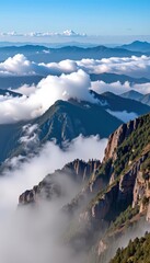 Misty mountain peaks shrouded in atmospheric smoke, a vast, mystical panorama, exploration, peaks