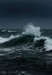 Massive ocean waves crash violently against the dark, turbulent water under a threatening sky during a powerful maritime storm ,storm ,dramatic ,gale