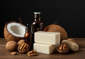 Rustic composition highlighting potent natural ingredients, creamy white soap bars, rich amber oils, and fresh coconut and walnut shells ,bath ,spa ,essential