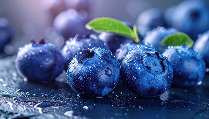 Close-up macro shot of fresh ripe blueberries covered in water droplets glistening under soft studio lighting on a dark moody background with shallow depth of field