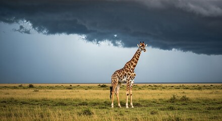 Obraz premium Giraffe standing in the savanna under a dramatic stormy sky.