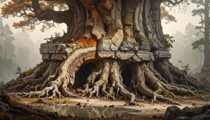 Obraz premium A massive, ancient tree (Object) whose bark is covered in geological cross-sections of sedimentary rock layers (Ornament). The background is a foggy forest clearing with a faint light source. Supporti