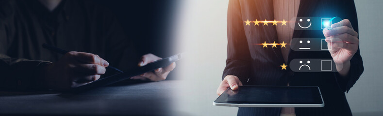 Customer review satisfaction feedback survey concept, User give rating to service experience on online application, Customer can evaluate quality of service leading to reputation ranking of business.