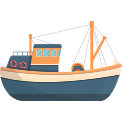 Detailed Illustration of a Blue and Orange Fishing Trawler Boat with Ropes and Life Preservers on a Transparent Background