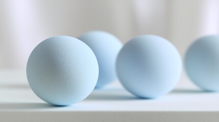 Fototapeta premium Four light blue spheres arranged in a row on a white surface with a soft, blurred background.