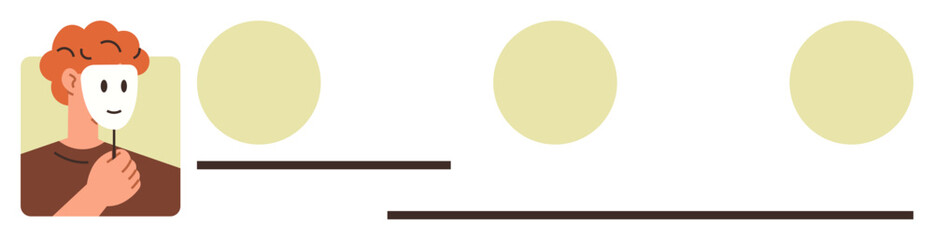 Person holding theatrical mask, three empty heads symbolizing hidden emotions, self-awareness, and personality. Ideal for psychology, introspection, identity, emotions, social dynamics mental