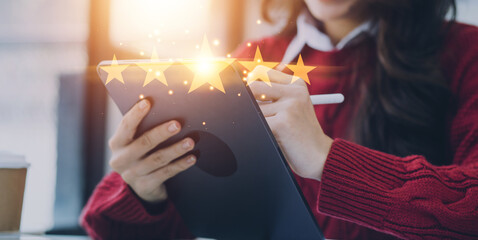 Hand shows the sign of the top service Quality assurance 5 star, Guarantee, Standards, ISO...