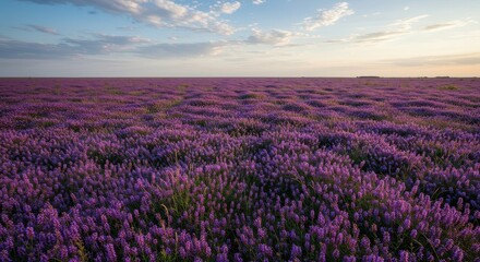 Fototapeta premium A vast, vibrant carpet of deep purple wildflowers stretching toward the distant horizon under a bright sky, symbolizing peace and natural beauty ,nature ,sunny ,bloom