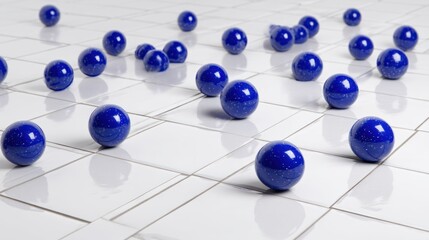 Obraz premium A collection of blue marbles scattered across a white tiled floor, with some marbles overlapping and others standing alone, creating a visually engaging and dynamic composition.