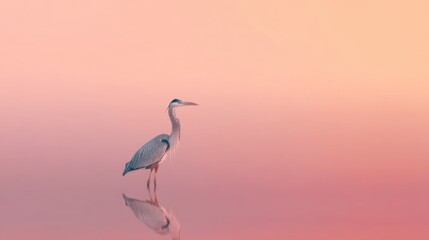 Obraz premium A heron standing in calm water with a pink sky in the background.