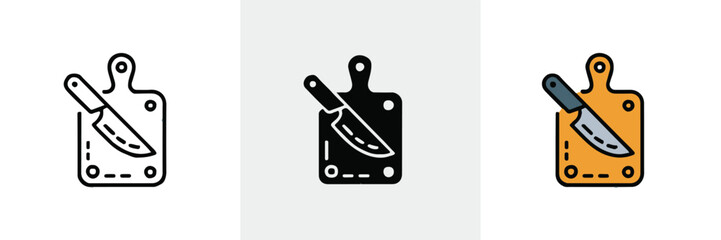cuttingboard and chefknife icon trio flat silhouette and colorful vector