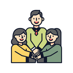 Cartoon illustration of a business team one man and two women showing teamwork with stacked hands.