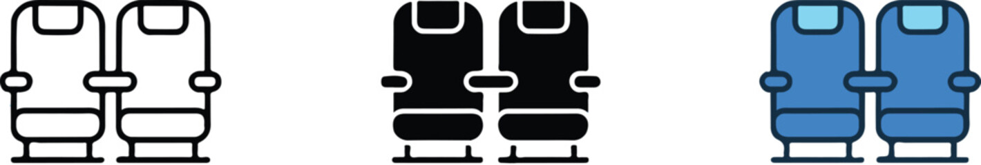 airplane seat icon set three styles outline silhouette and colored seat vector illustrations for ui and branding