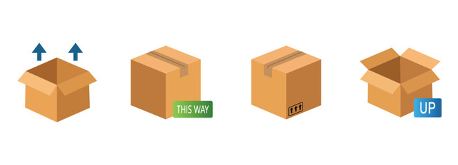 Set of cardboard boxes vector illustration open and closed brown shipping boxes, packaging and delivery concept, carton box icons isolated on white background