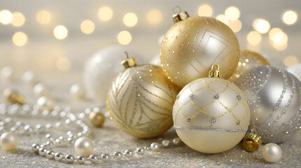 Golden christmas balls in bright setting. Shiny golden Christmas balls.