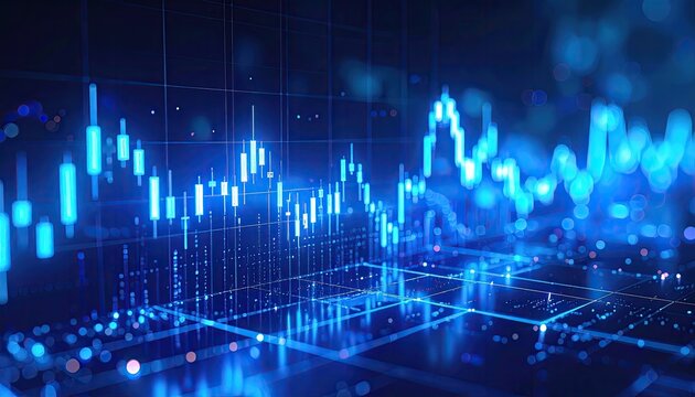 Digital stock market chart with blue glowing candlestick bars and grid lines showing financial data analytics and economic trends in a dark futuristic background