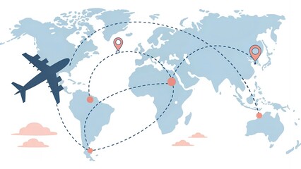 Flat Vector Illustration of Global Travel with Airplane and World Map, Minimalist Design Concept