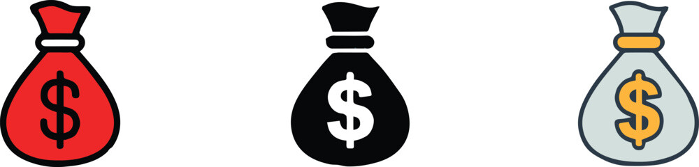 stylized money bag icons set outline solid and colored versions for business finance and apps vector ai eps jpeg png