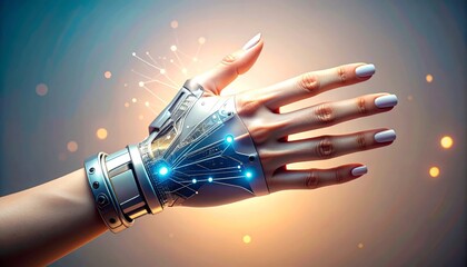 Luminous Cybernetic Gauntlet Fused with an Elegant Human Hand