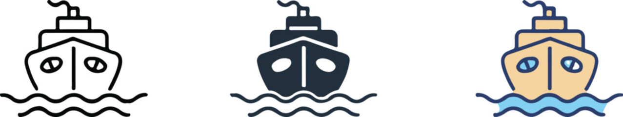 stylized ship icons set front view minimal outline navy silhouette and colorful flat design for ui and branding