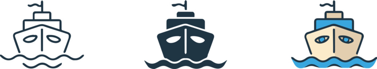 front view ship icon trio minimal outline navy silhouette and colorful flat vector set for web and print