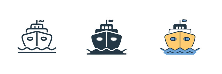 three front-facing ship icons minimal outline navy filled and colorful flat design for maritime ui assets