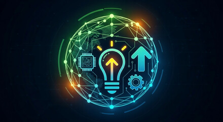 Technological advancement concept with a light bulb on a globe, representing innovation, digital transformation, and the future of technology in the digital era
