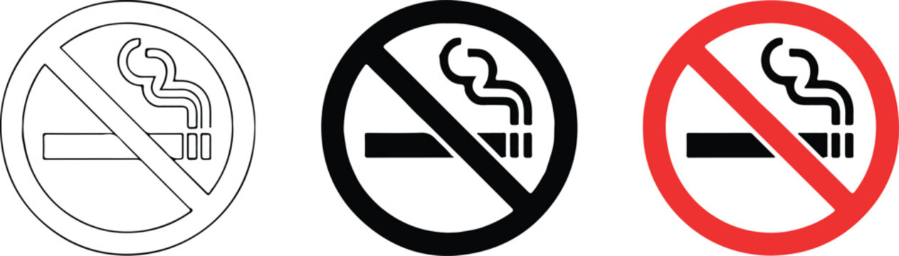 no smoking pictogram trio scalable ai eps png jpeg three design styles red ban circle black outline filled cigarette