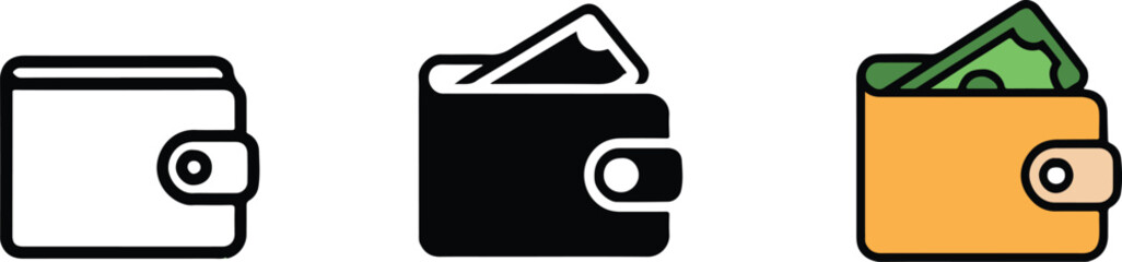 modern wallet icon set three styles money payment finance ui glyph for apps and websites vector ai eps jpeg png
