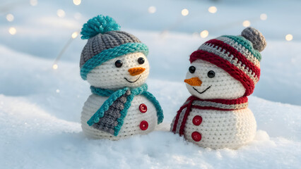 Knitted snowman in snow. Cozy knitted snowman with hat and scarf in gentle snowfall, evoking winter magic and holiday cheer.

