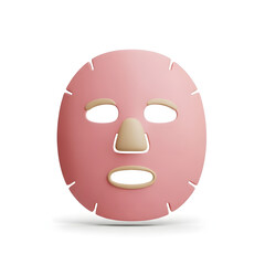 Fototapeta premium Pink sheet mask with beige nose, eye, and mouth cutouts on a white background.