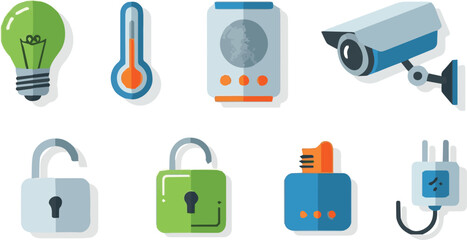 Collection of smart home and IoT devices with security system flat vector icons