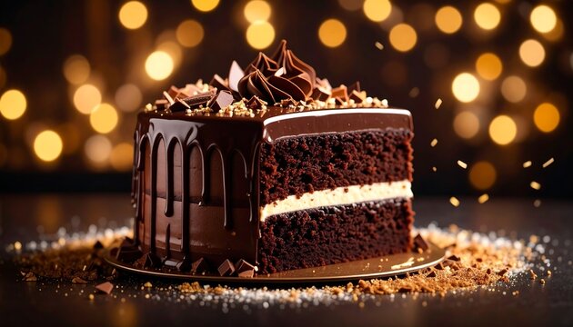 Chocolate cake slice on gold plate